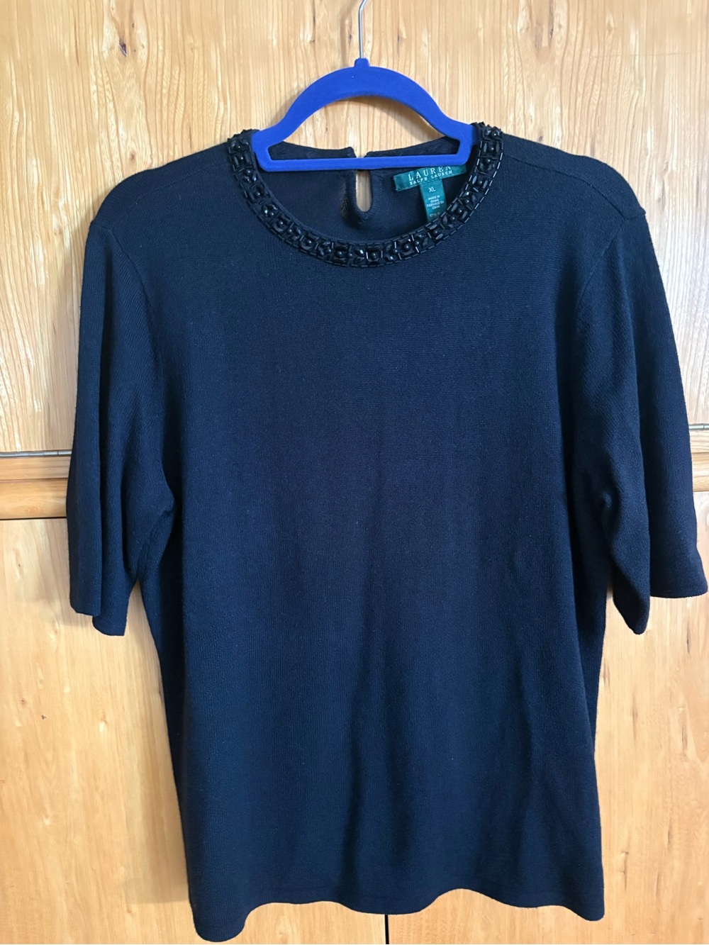 Women’s Lauren Ralph Lauren Black Beaded-Neck Short Sleeve Silk/Cashmere Sweater